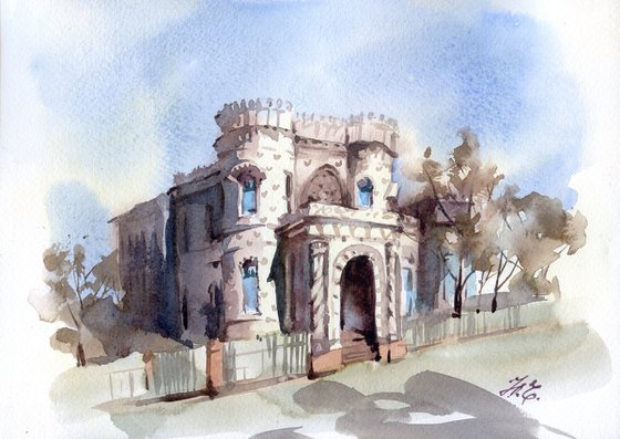 Morozov's mansion in Moscow, architectural sketch in watercolor
