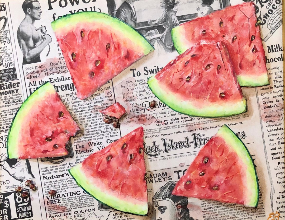 Photorealistic Still Life Acrylic Painting By Lena Smirnova, 13 X 10", Watermelon .. Yummy!, Original Artwork