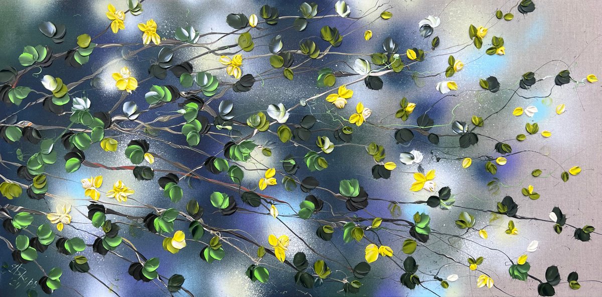 Impressionistic Abstract Acrylic Painting By Anastassia Skopp, 47 X 24, Yellow Roses Landscape, Original Artwork