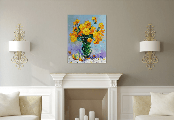 Still life - Yellow flowers (100x80cm, oil painting, palette knife)