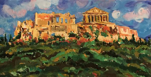 ATHENES. GREECE - Cityscape, original painting, architecture acropolis landscape, gift by Karakhan