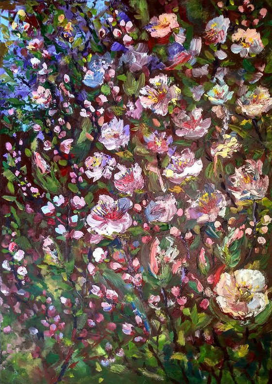 Spring blooming, acrylic floral painting, palette knife