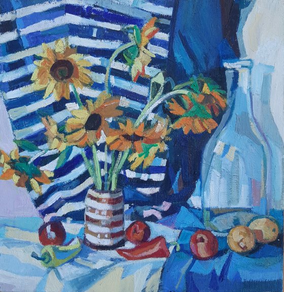 Sunflowers with striped drapery