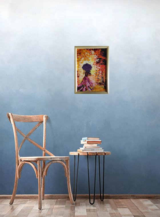 Autumn tango, original girl umbrella oil painting, Gift, art for home, for sale