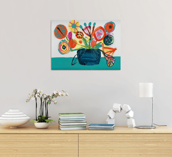 Flowers on Turquoise Table Acrylic Painting