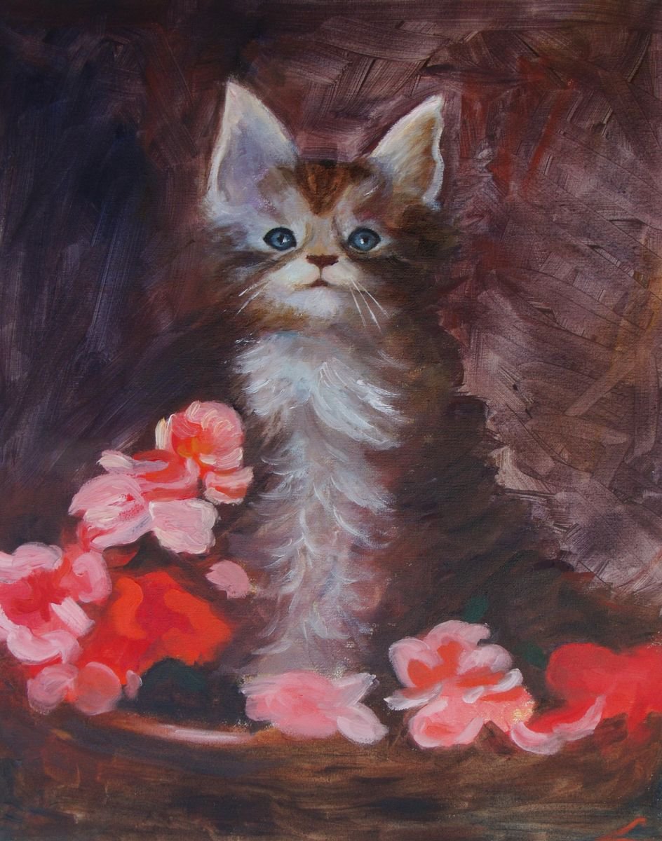 Impressionistic Animal Oil Painting By Elena Sokolova, 16 X 20, Kitten, Original Artwork