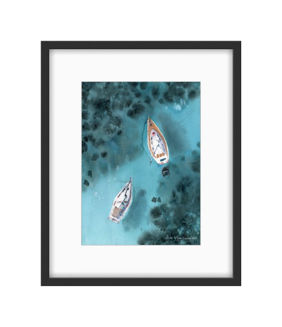 Sailing boats in the ocean top view original painting watercolor artwork turquoise colors living room decor bedroom wall art gift for sea lovers gift for him