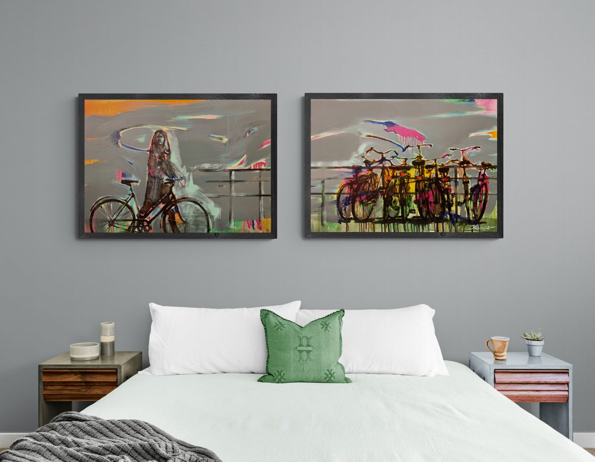 Big painting - Amsterdam - Girl - Bikes - Bicycle - Diptych - Pop Art - Urban by Yaroslav Yasenev