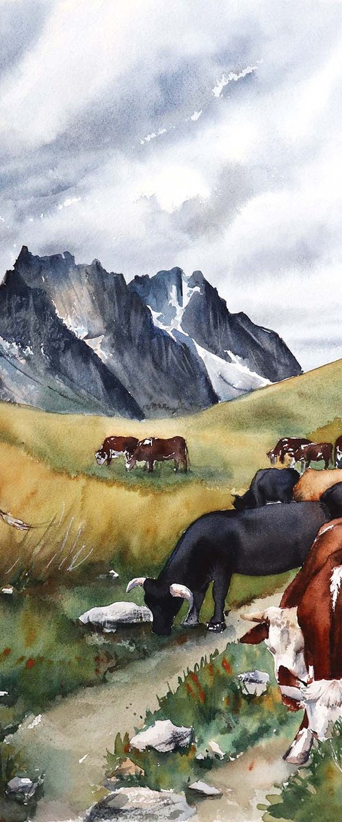 Cows in pasture, Mont Blanc - Original Watercolor Painting by Yana Shvets