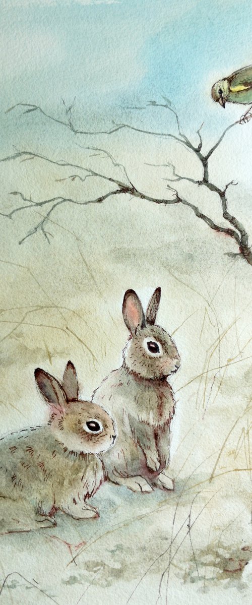 Two hares and a greenfinch by Olga Beliaeva Watercolour