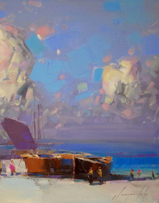 Fishing Boats, Seascape Original oil painting, Handmade artwork, One of a kind Signed with Certificate of Authenticity