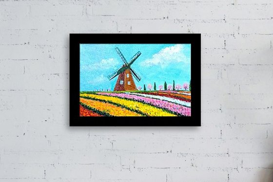 Miniature Dutch Windmill and Tulips Landscape