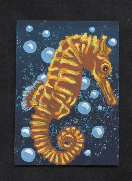 ACEO ATC Original Painting Orange Seahorse Marine Wildlife Art-Carla Smale