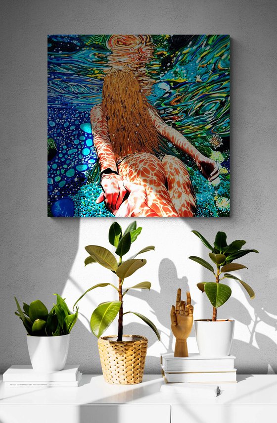 Follow me... Woman underwater sea, ocean with blue green color waves with bright sun glares. Impressionistic artwork. Original painting wall art home decor. Art Gift