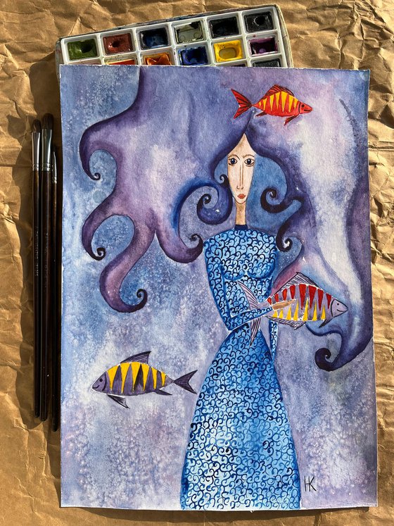 Woman Painting Fish Original Art Figurative Watercolor Artwork 12 by 17" by Halyna Kirichenko