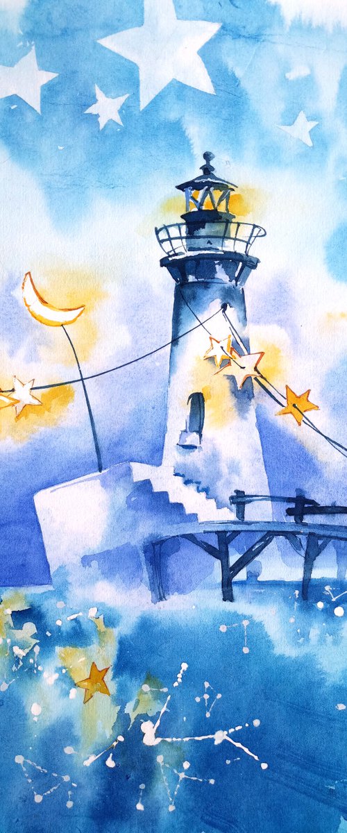"Evening lighthouse" Original seascape watercolor painting by Ksenia Selianko