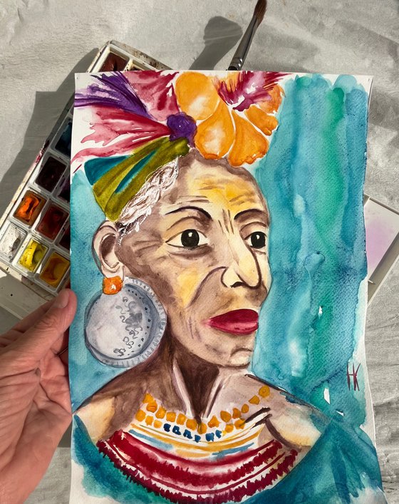 Flower Head African Woman Original Painting