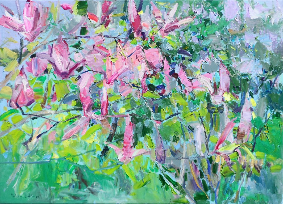 Expressive Botanical Oil Painting By Yehor Dulin, 28 X 20", " Magnolia ", Original Artwork