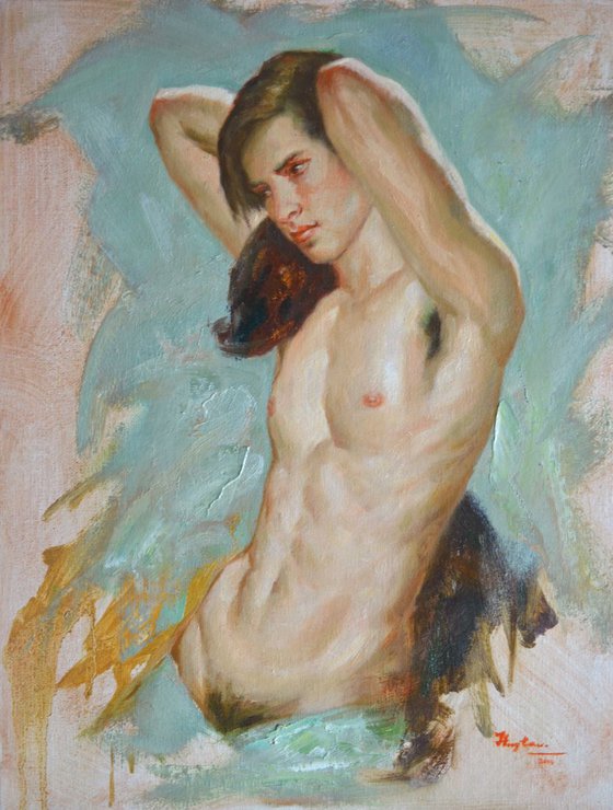 ORIGINAL OIL PAINTING NUDE ART PORTRAIT OF HANDSOME MAN  ON LINEN#16-8-9