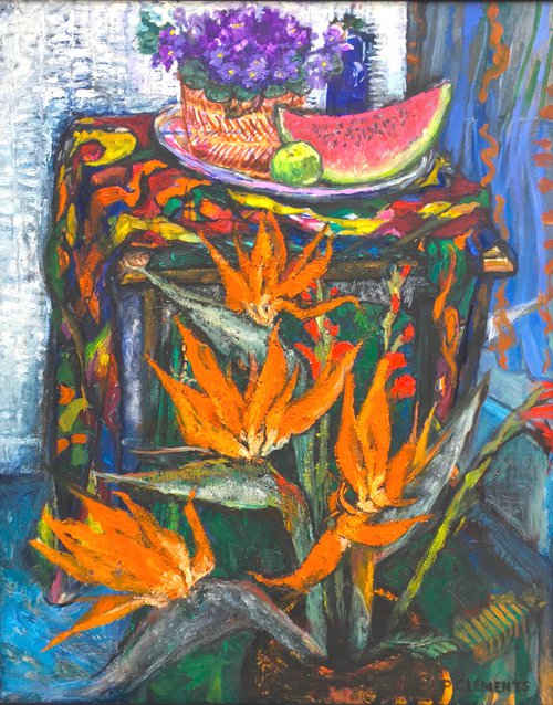 Melon with Bird of Paradise Flowers Still life by Patricia Clements