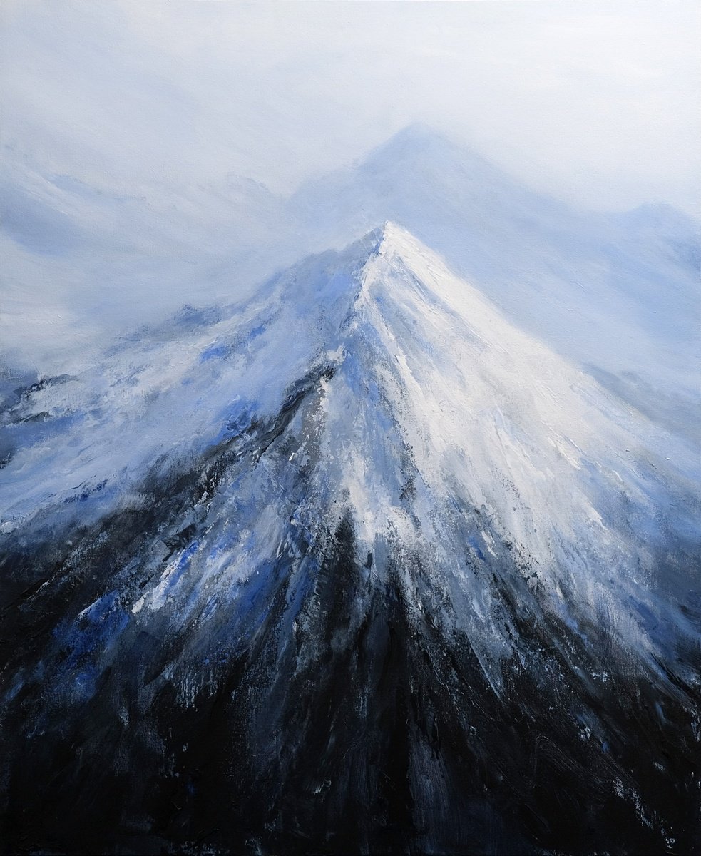 Expressive Landscape Acrylic Painting By Behshad Arjomandi, 32 X 39, Snowy Mountains, Original Artwork