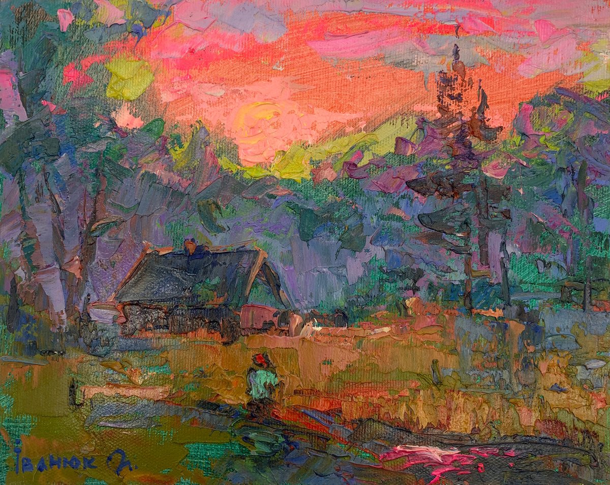 Impressionistic Landscape Oil Painting By Kalenyuk Alex, 10 X 8", Pink Evening, Original Artwork