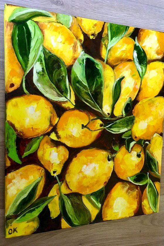 Lemons, oil painting, still life. Palette knife painting on canvas.