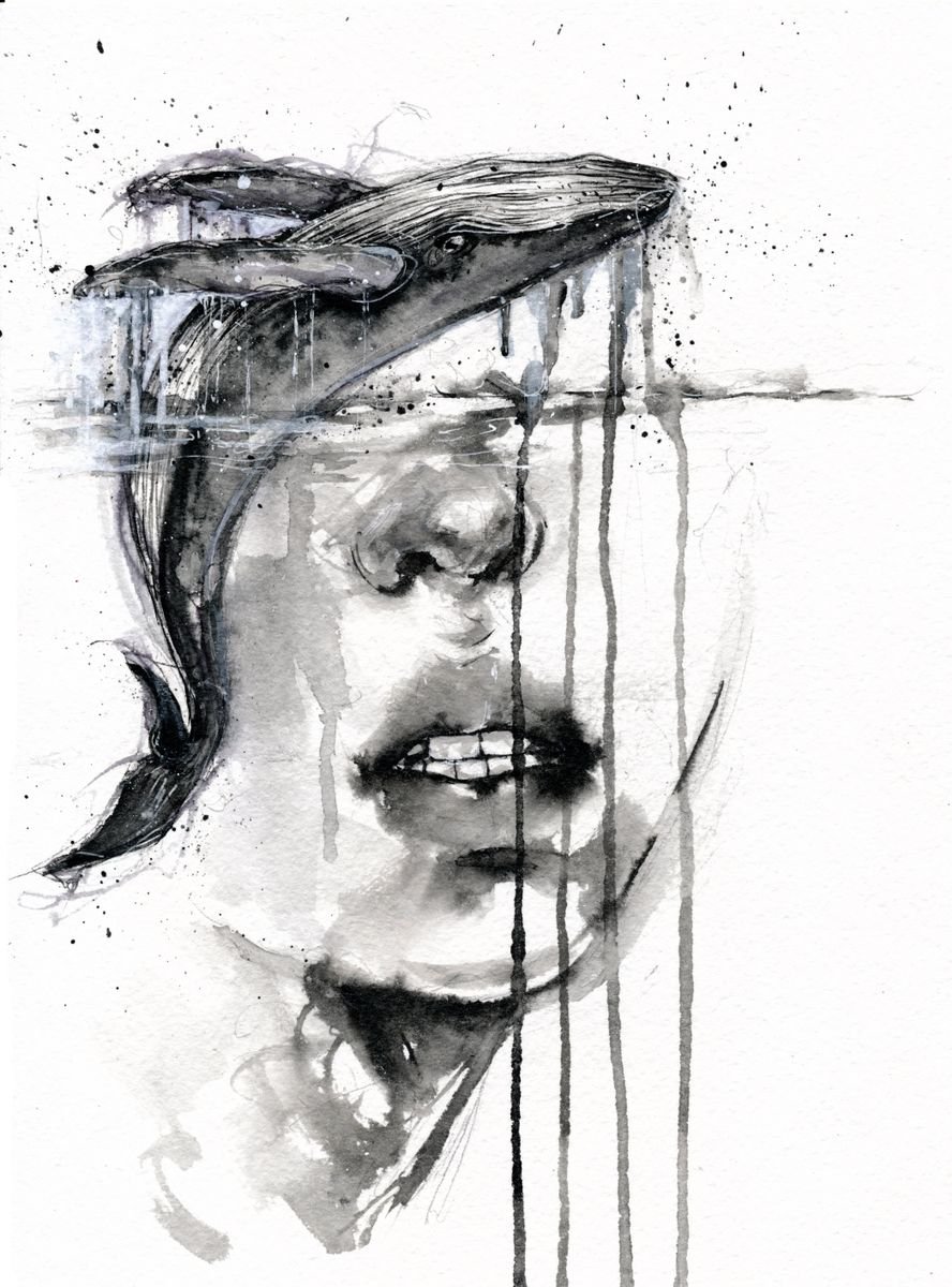 Expressive Portrait Ink Drawing By Doriana Popa, 7 X 9, Whale, Original Artwork