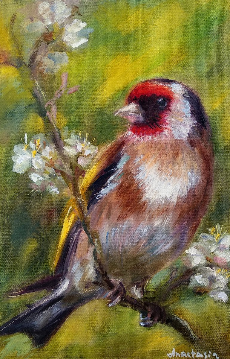 Garden Birds Goldfinch & Blooming Flowers Small Bird Nature Painting Wildlife by Anastasia Art Line