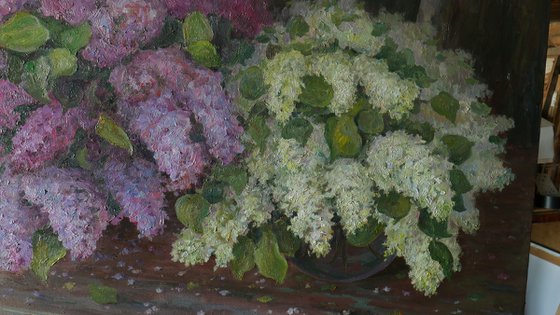 Lush Bouquets Of Lilacs On The Bench In The Garden - original floral spring oil painting on canvas