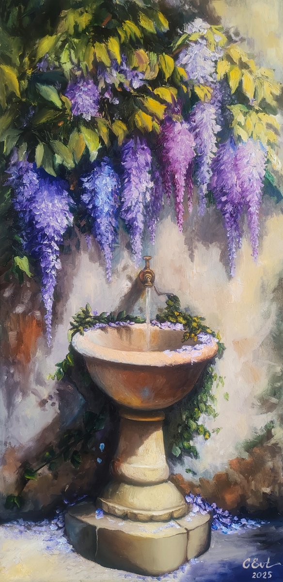 Impressionistic Landscape Oil Painting By Oksana Siciliana, 16 X 31", In The Garden Of Time, Original Artwork