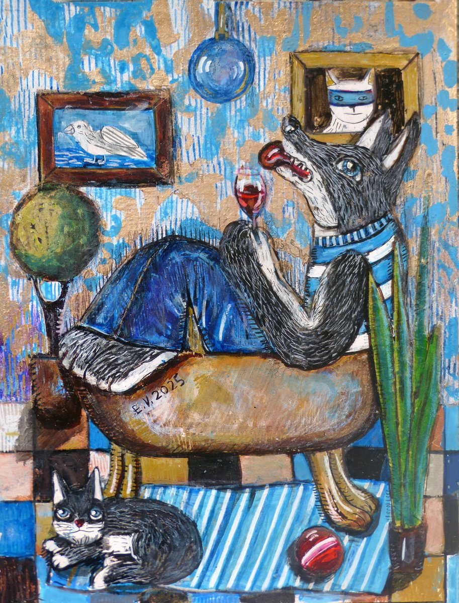 Surrealistic Animal Painting By Elizabeth Vlasova, 11 X 14, Rest In Gold, Original Artwork