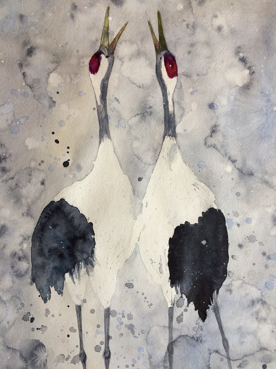 Bird watercolor painting - Japanese cranes large wall art - Wedding gift idea