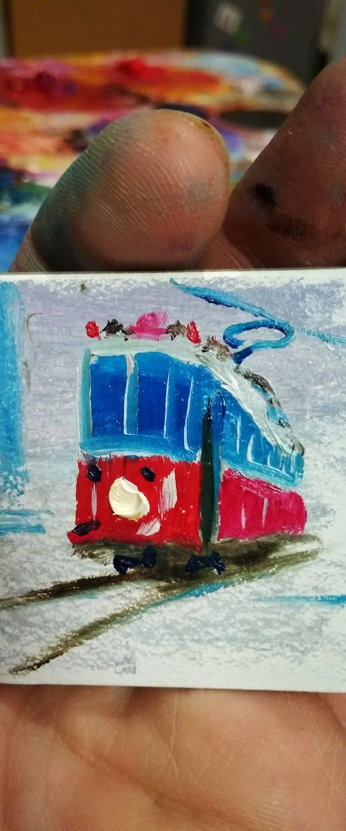 Red old streetcar miniature painting by Dmitry Fedorov