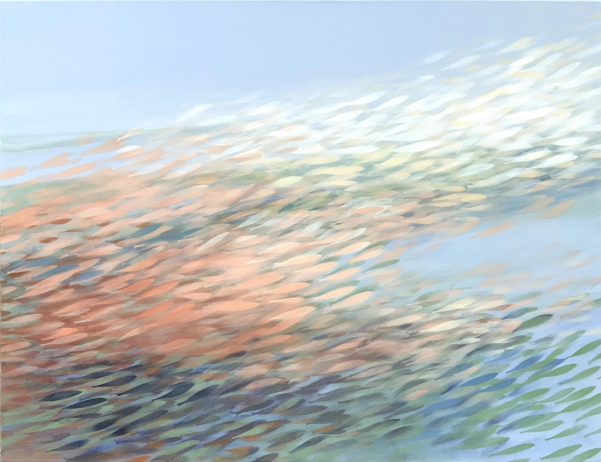 Abstract Landscape Acrylic Painting By Malgorzata Krakowiak, 46 X 35", Fish N* 177, Original Artwork