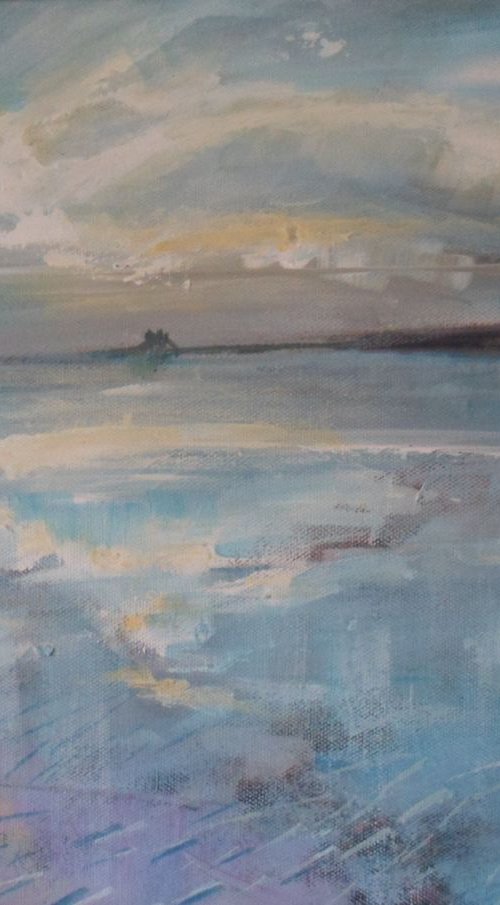 Holy Island from Goswick Sands, reflections by Jean  Luce