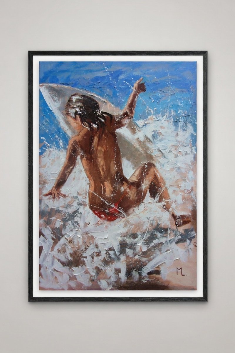 Expressive Oil Painting , Girl Surfing In California Wave Free By Monika Luniak, 24 X 35, Artwork For Sale On Artfinder