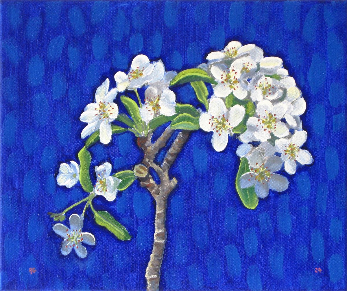 Botanical Oil Painting By Richard Gibson, 12 X 10", Stem Of Flowering Pear, Original Artwork