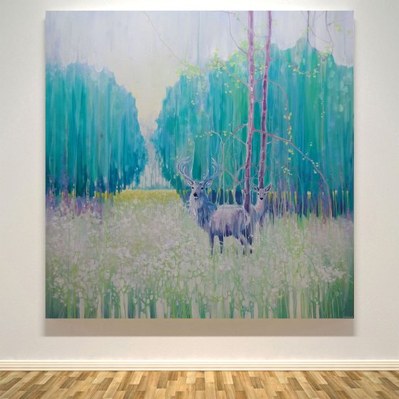 Monarchs of Spring - a large oil painting of a green spring meadow with deer