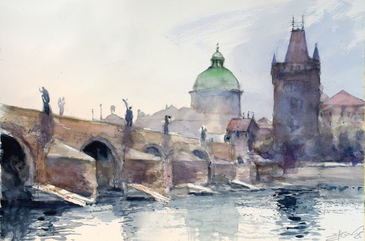 Impressionistic Cityscapes Watercolour By Goran Zigolic Watercolors, 22 X 15, Prague, Charles Bridge, Original Artwork