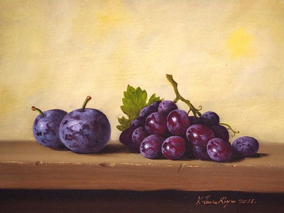 Still Life with Grapes and Plums,Original oil Painting, Classic Art, Handmade painting, signed