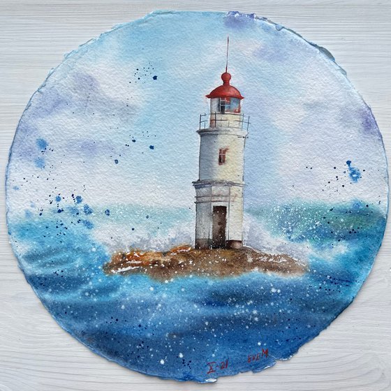 Vladivostok lighthouse. Original watercolor artwork.