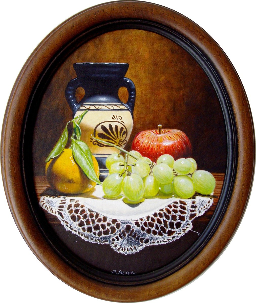 Still life with grapes and greek amphora on lace by Jean-Pierre Walter