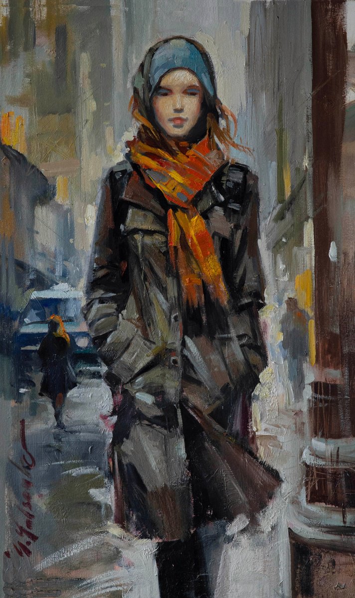Expressive Portrait Oil Painting By Sergei Yatsenko, 18 X 30", Rainy Day Ramble, Original Artwork