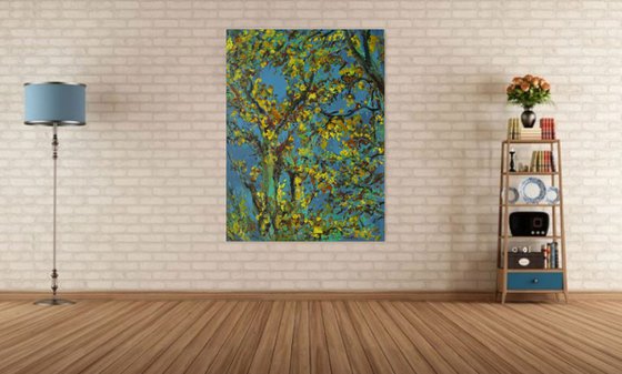 AUTUMN RHAPSODY. RELICT FOREST IN SAMUR - XXL large original painting, oil on canvas,  plants trees, blue yellow, ecology, love, landscape, impressionism,  interior art