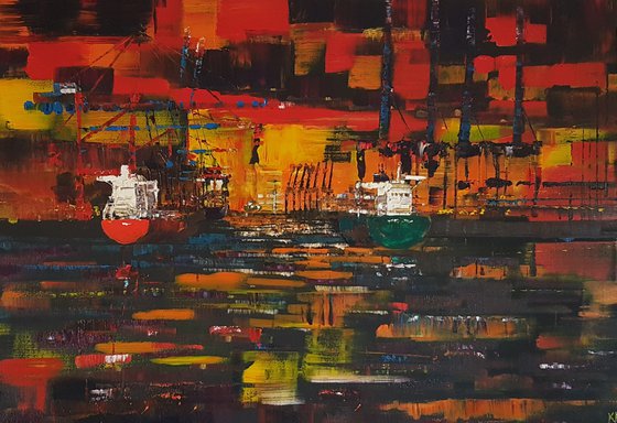 Sunset at Hamburg port abstract impressionism