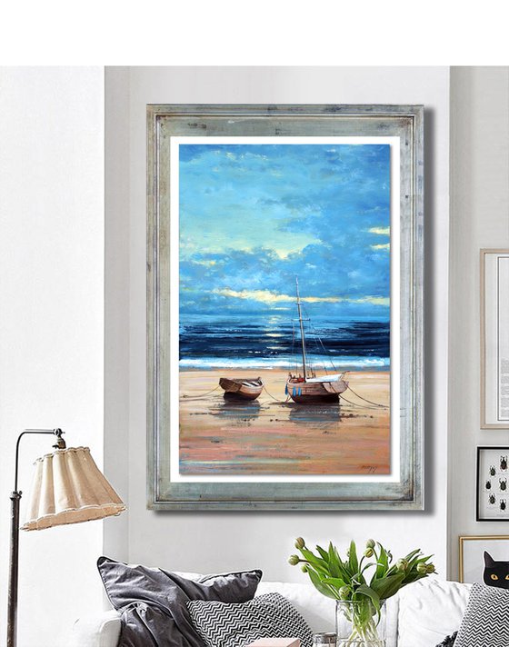 DISCOUNT SPECIAL PRICE " BOATS ON THE BEACH " ORIGINAL PAINTING, SUNSET,SEASCAPE
