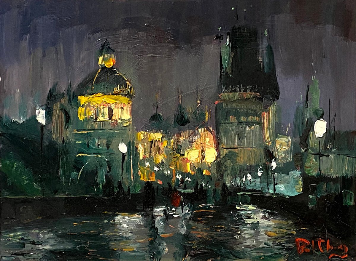 Impressionistic Landscape Oil Painting By Paul Cheng, 12 X 9", Ancient Castles Night, Original Artwork