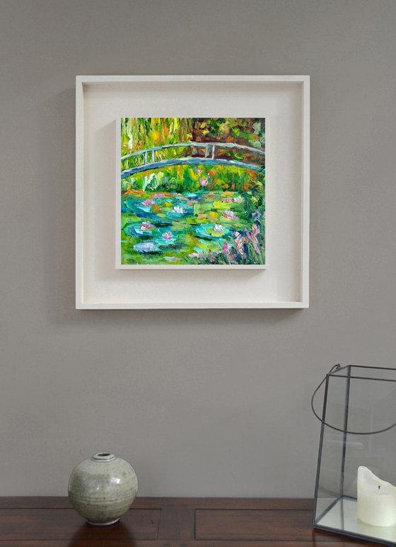 Monet Pond Painting Impressionism Original Art Water Lily Artwork Landscape Impasto Floral Wall Art