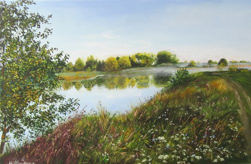 Meadow Landscape Wall Art Original, Hot Summertime Scenery with a River, Fields of Natural Flowers by Natalia Shaykina